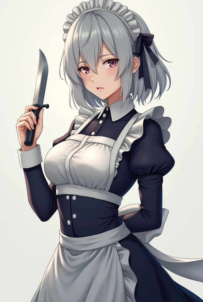 masterpiece, best quality, highres, 1girl, solo, sakuya1, maid, apon, greyt hair, medium breasts, knife