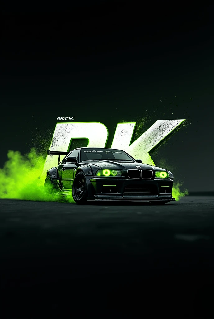 logo in black, white and neon green colors, using PK letter with a Drift car, high details, ray tracing, need for speed unbound art style --v 4