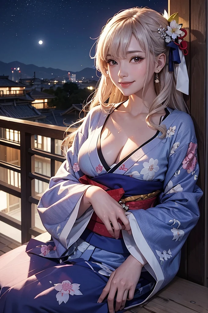 A bust-up of a smiling beautiful woman in a kimono cooling off on a balcony on a moonlit night
