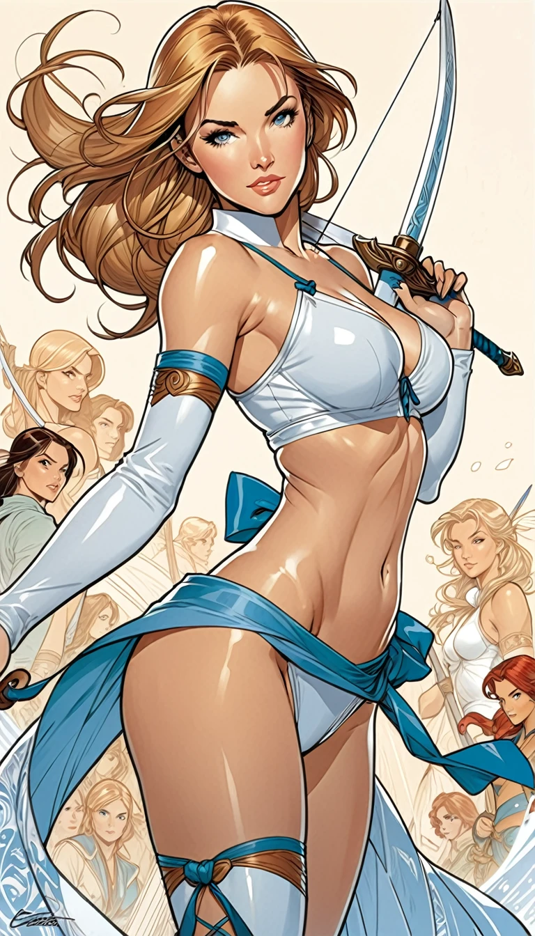 Painting of a woman holding a sword and bow, For Frank, J Scott Campbell, Beautiful line art, by Jorge Jacinto, zenescope, David Boyd, By Pablo Muñoz Gómez, Phil Noto and Rebecca Guay, Fantasy Drawing, J. Scott Campbell, Humberto Castro, By Cesar Andrade Faini, Fantasy coloring