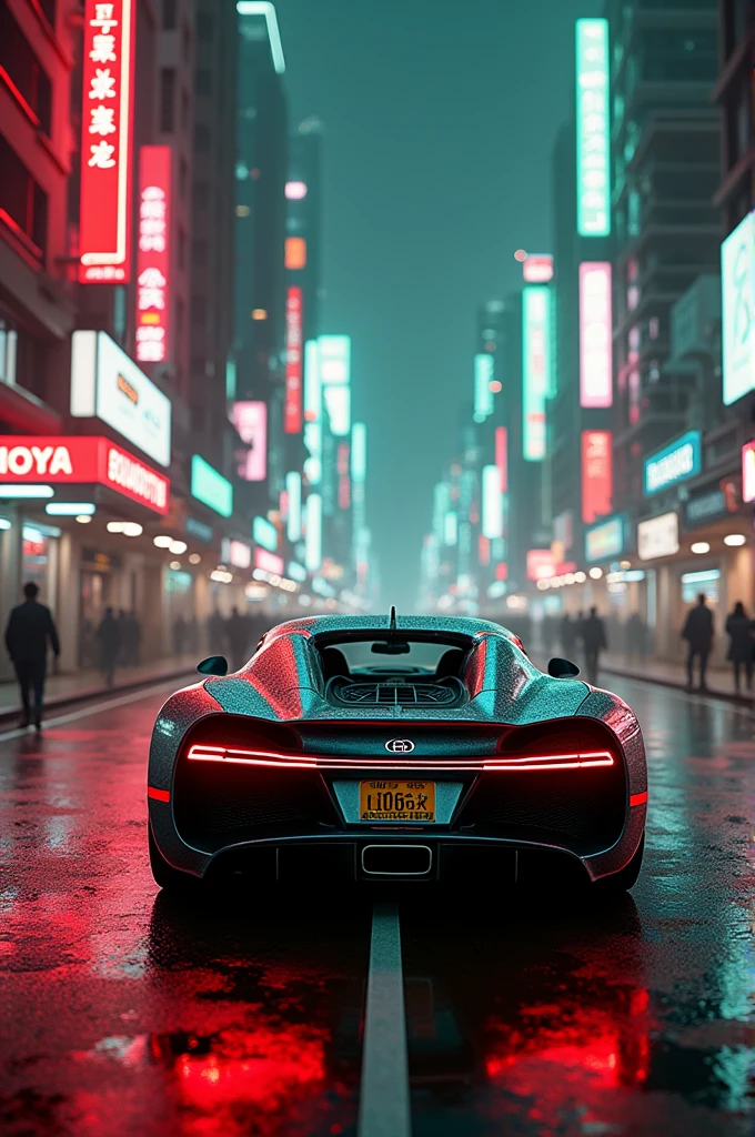 A Bugatti Veyron in the cyberpunk City with red and green neon lights