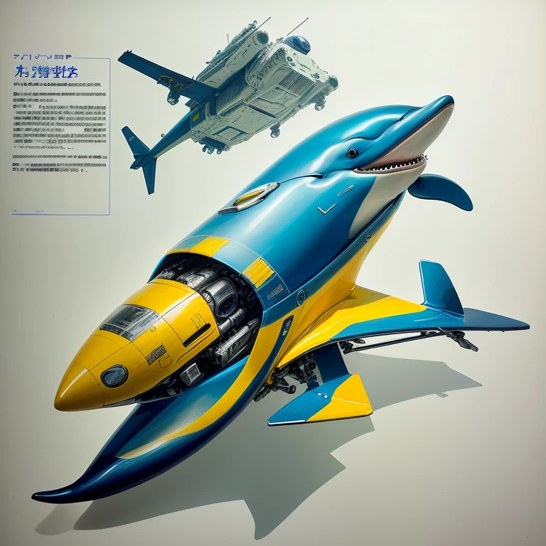 Blue and yellow plane、Painting with yellow tail, Cyborg Whale, Inspired by Chris Foss, by Taiyō Matsumoto, Concept drawing, Prop Design, by Ayako Rokkaku, toy design, Masao Maeda, Chris Foss's style, Spacecraft design, Robot Antro Dolphin, by Hiromitsu Takahashi