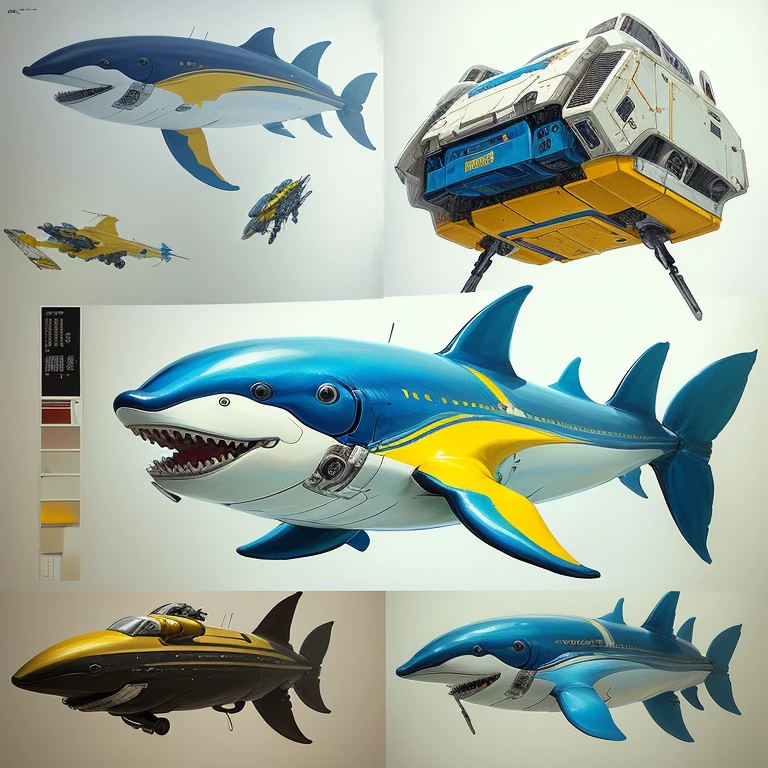 Blue and yellow plane、Painting with yellow tail, Cyborg Whale, Inspired by Chris Foss, by Taiyō Matsumoto, Concept drawing, Prop Design, by Ayako Rokkaku, toy design, Masao Maeda, Chris Foss's style, Spacecraft design, Robot Antro Dolphin, by Hiromitsu Takahashi