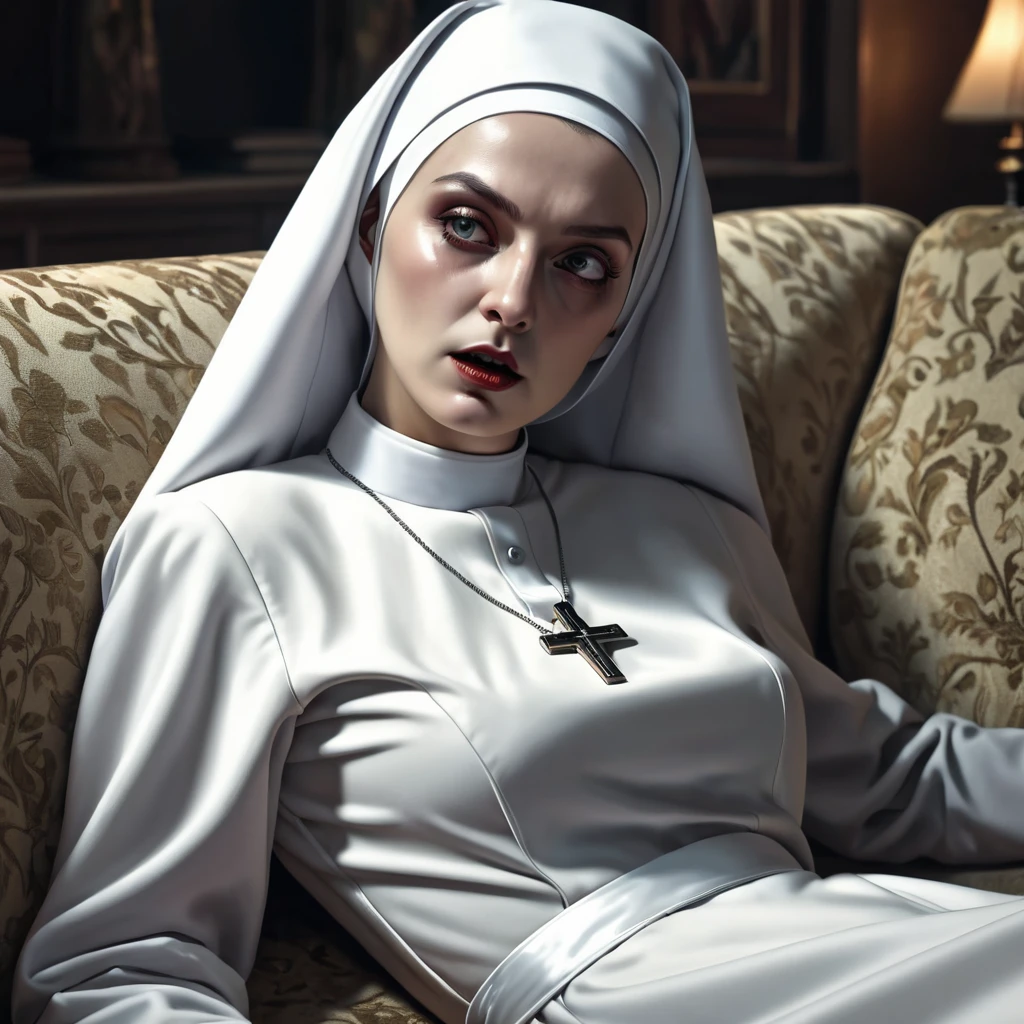 A nude nun, lying on the sofa, looks very enjoyable, horror style, looks depressing, high quality, ultra-detailed, crazy details, 4K