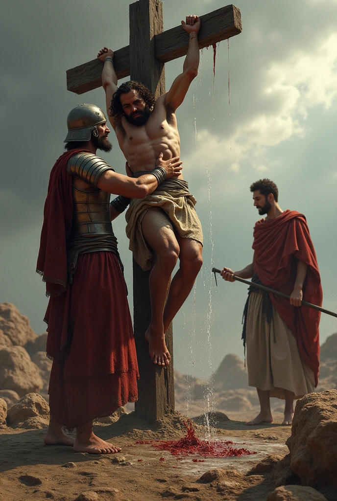 A man on a cross, being wounded by a Roman soldier with a spear and water and blood should come out of the wound. Right next door, put a man watching the whole scene.