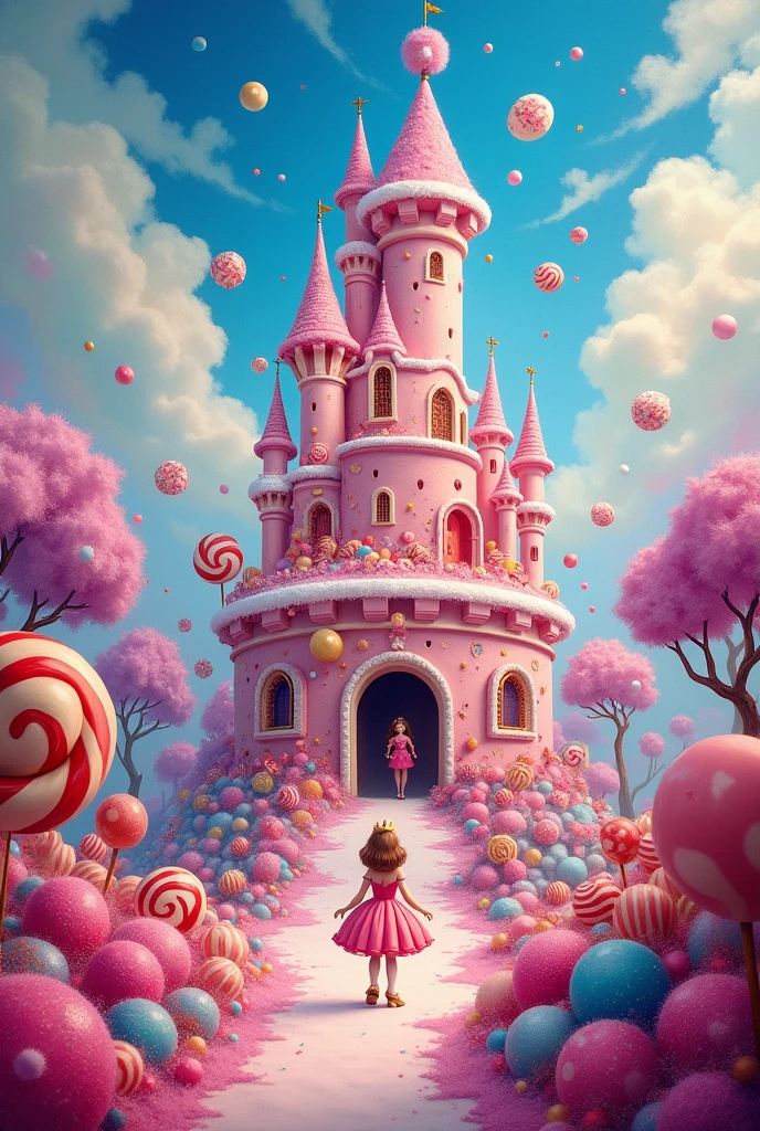 A candy wonderland painting with a candy castle and lots of chocolates, candies, popsicles, cupcakes with candy princess of her own castle