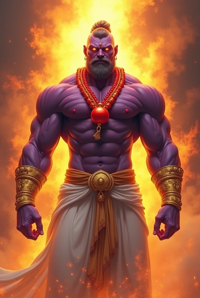 Draw a muscular God with four arms, Dark purple skin with gold bracelets and a red ball necklace with white pants and an orange aura around him 