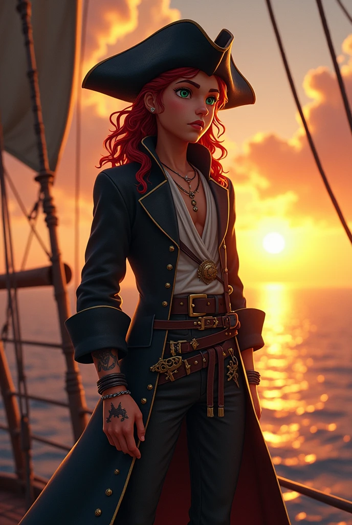 Generate the image of a pirate for a DnD campaign. A young pirate with an excited face. He has long dark red curly hair, without any type of facial hair. His eyes are emerald green, and he has a small scar on the bridge of his nose. He’s wearing a pirate hat in black leather, a long dark trench coat, under the coat a soft shirt half open, with an old leather filet. He’s wearing many bracelets and necklaces, he has many tattoo. He’s on the top of the main mast of his boat looking at the sunset