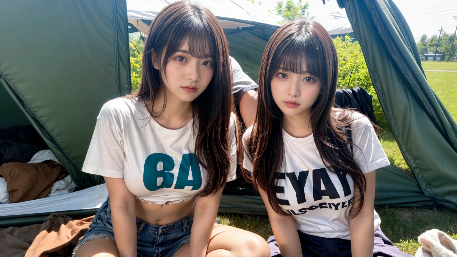 (Details High quality, realistic depiction of eyes:1.3), (2 girls), Tattered clothes, (The collapsed room), (Inside the barrack tent), (wearing a tattered and dirty t-shirt.:1.1), Wearing baggy pants, dirty body, (Messy long hair), black hair color, Big Natural Color Lip,  crying a little、Harajuku style、20 year old girl、cute type、lolita, Gravure Idol, full body photo、focus on crotch, huge breasts