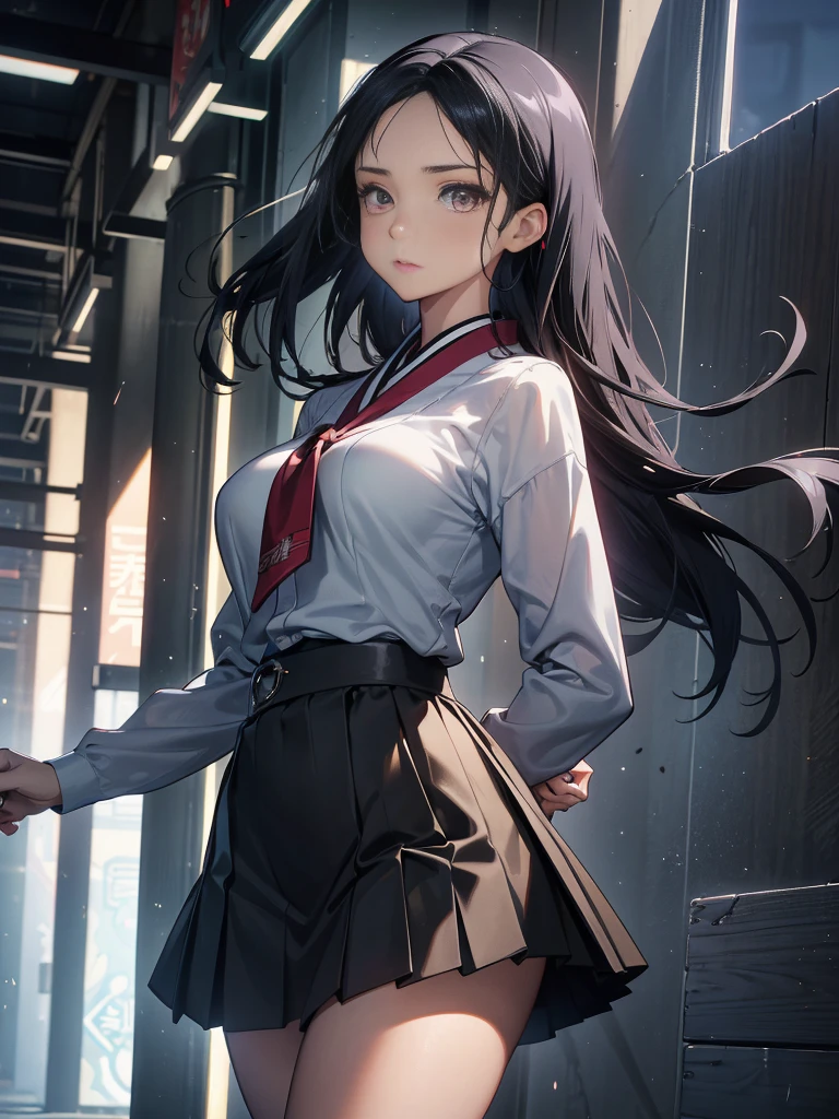 One adult woman with narrow eyes,career woman,Tight skirt,pumps,lawyer,cool,Gaze, Forehead,Anatomically correct, accurate, masterpiece, Highest quality, Winner of numerous awards, Textured skin, Retina, Retina, Black Hair, Half-up hairstyle, Solemn, Column Lineup,Cinematic light effects, Anime Style, Japanese illustration style,