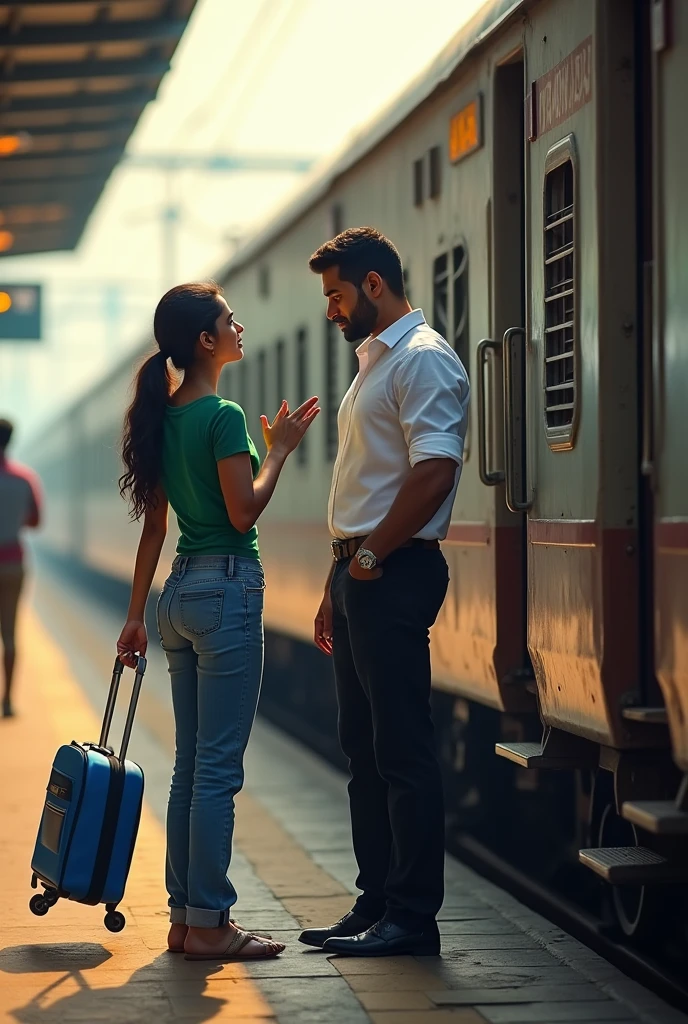 A couple in indian railway station and men are in the train door and train has out of station are slowly and women say good bye to him both are emotional for long distance and men had a trolly bag and women wear a baggy jins and green top and men wear a black formal paint and white shirt and men had a blue trolly bag and the station name bhanuprattappur men fitness bulky  women wear a blue baggy jins and green top