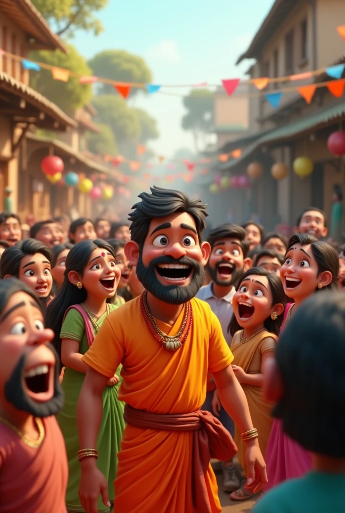 In cinematic 3D cartoon style "Happy, relieved villagers celebrating around Raghu, expressing their gratitude and joy"