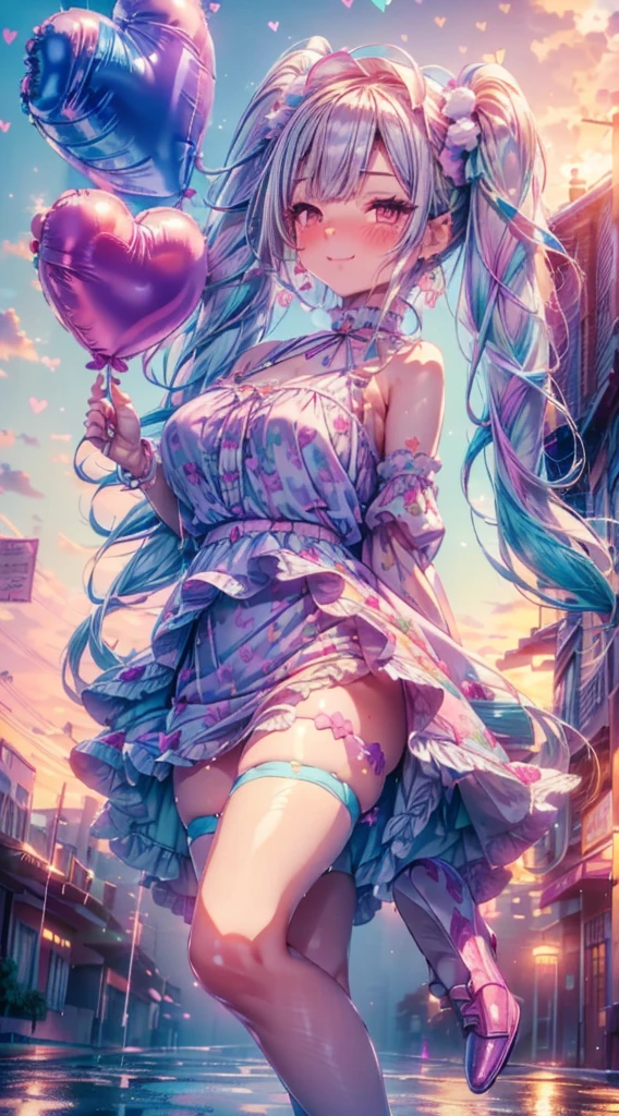 (fullbody, legs and shoes visible: 1.2)) expressive eyes, woman, pale skin, long hair, windblown hair, ((absurdly long hair)), long sidelocks, hime bangs, hair fringe, hair bun, ((very long twintails)), iridescent hair, light pink hair, blushing, full face blushing, big sparkling pastel purple eyes, (gradient eyes), open mouth smile, cute pose, ((holding balloons : 1.3))
((cute and pastel fashion)) ((🌞🥳😃🌹🌷🌳 theme : 1.4)) flowy pastel dress, ((dreamy multicolored open dress)), (floating ribbons), lavender ruffles, pink frills, (light blue lace), detached short sleeves, puffy skirt, ((rainbows and stars print skirt : 1.3)), lolita skirt, purple bows, ((pompon ribbons hair ornament : 1.4)), multiple bows, striped lace stockings, (heart shaped leg garter), cute (pastel purple) shoes ((hyperdetailed clothing and fashion)) looking at you, vintage girl, blushing, (beautiful detailed eyes), (extremely detailed CG unity 8k wallpaper) (best shadow), ((an extremely delicate and beautiful)), (detailed light), ((depth of field)) big head, big sparkling eyes, moe, splash art, cinematic lighting, frontal view, volumetric lighting maximalist photo illustration 64k resolution high res intricately detailed complex key visual precise linear
((in the dreamy pastel sky background, surrounded by sunset clouds, shooting stars, castles in the clouds)) ((hyperdetailed scenery, foggy clouds, suspended by balloons, hearts : 1.3))