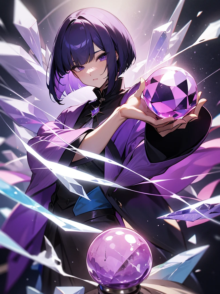 had a crystal ball、A man with purple and black bob hair