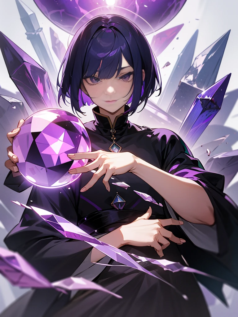 had a crystal ball、A man with purple and black bob hair