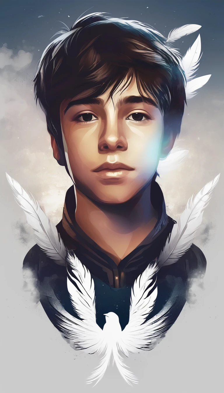 Create a minimal, modern, simple, inspirational, fantastic, poetic, epic, original, memorable, dream like, cinematic logo design of a dreamer boy and a cinematic, memorable white fantastic feather for the brand “Penamemoria". The logo design must convey the artistic, fantastic, epic inspiration of a dreamer boy in a unique, fantasy cinematic white feather.