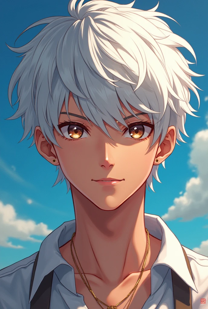 20 years boy, white hair, brown skin, anime, short hai,