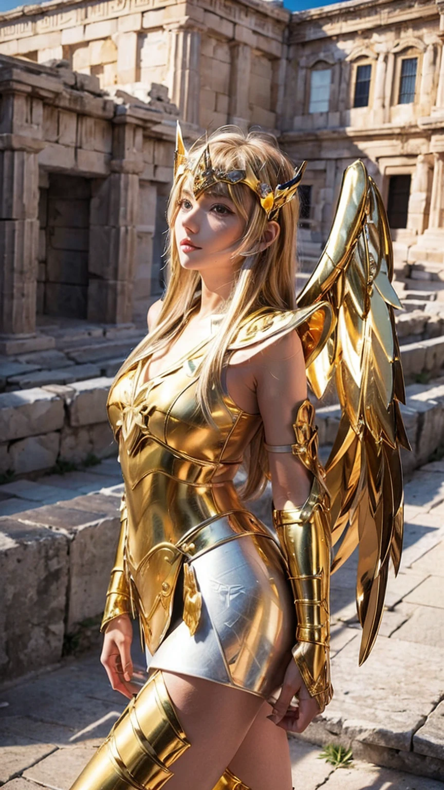 masterpiece, Highest quality, Very detailed, 16K, Ultra-high resolution, Cowboy Shot, Detailed face, Perfect Fingers, 1 female, , Greece, In front of the Parthenon, 射手座のarmor, armor, golden armor, wing, Helmet, long metal wing, long golden wing,Natural Blonde、Blue Eyes、White skin、