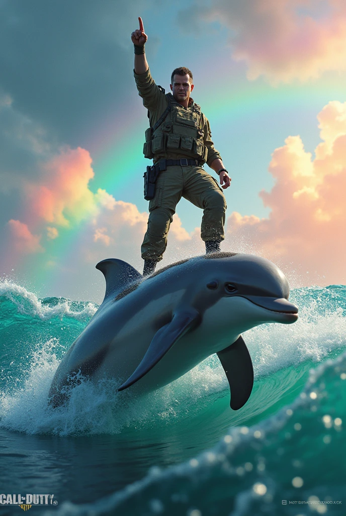 A call of duty character giving the evil finger on top of a dolphin and the background of a rainbow and an ocean