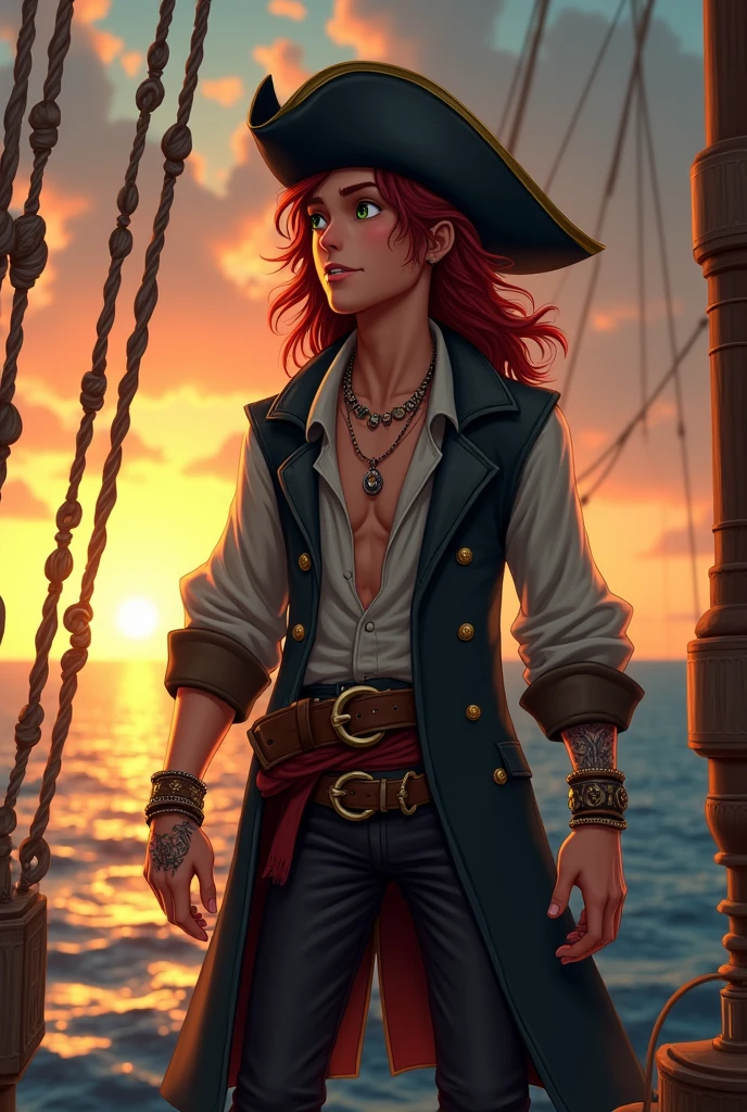 Generate the image of a pirate for a DnD campaign. A young pirate with an excited face. He has long dark red curly hair, without any type of facial hair. His eyes are emerald green, and he has a small scar on the bridge of his nose. He’s wearing a pirate hat in black leather, a long dark trench coat, under the coat a soft shirt half open, with an old leather filet. He’s wearing many bracelets and necklaces, he has many tattoo. He’s on the top of the main mast of his boat looking at the sunset