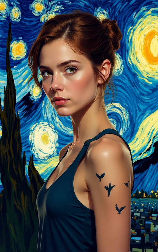 Create a character from veronica roth novel divergent of trìs with birds tatoo on her neck in vincent van gogh starry night background