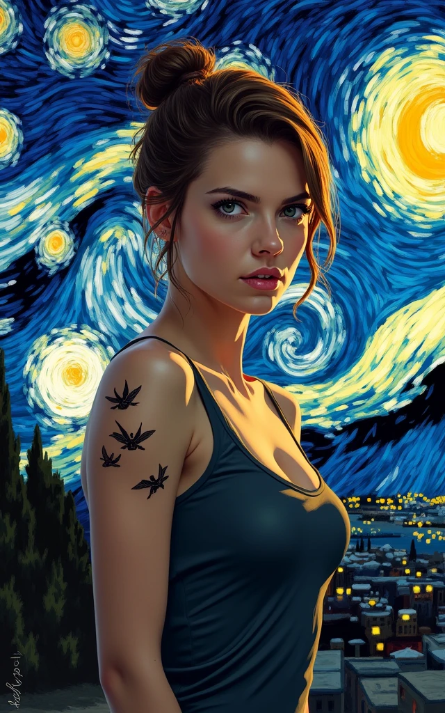 Create a character from veronica roth novel divergent of trìs with birds tatoo on her neck in vincent van gogh starry night background 