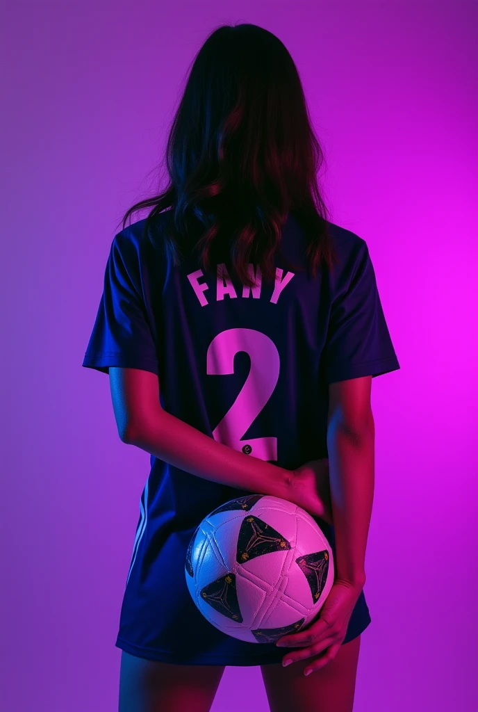 high quality photography ((masterpiece))
From a 1 girl , with her back turned and on her back the name Fany and the number 2 below on her soccer shirt and a ball hugged around her waist Black hair, that his face cannot be seen With the purple background of the image That the image can be seen up to the waist