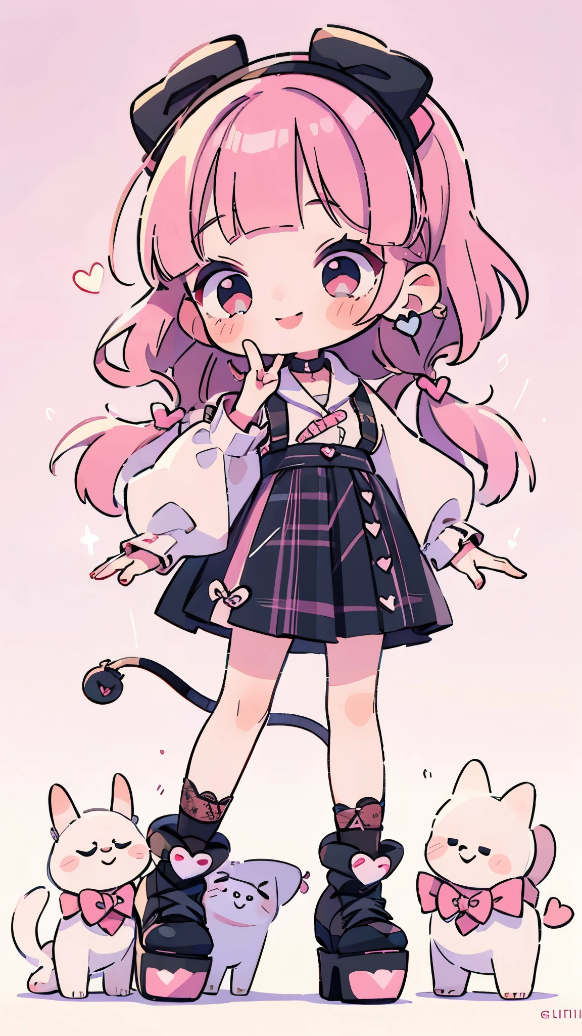 ((from front)),
((chibi)),
((peace sign)),
high resolution,smile,woman,woman1人,adult,Clear,cute,Put your hand on your cheek,
blunt bangs,Pink Hair,wavy hair,long hair,BREAK,
Red eyes,Sparkling Eyes,BREAK,
((Landmine fashion)),
Pink ruffled blouse,BREAK,Black plaid pleated skirt,BREAK,Black high heels,
Ribbon headband,BREAK,Heart Earrings,BREAK,Lace choker,BREAK,
Pink hearts on a white background,