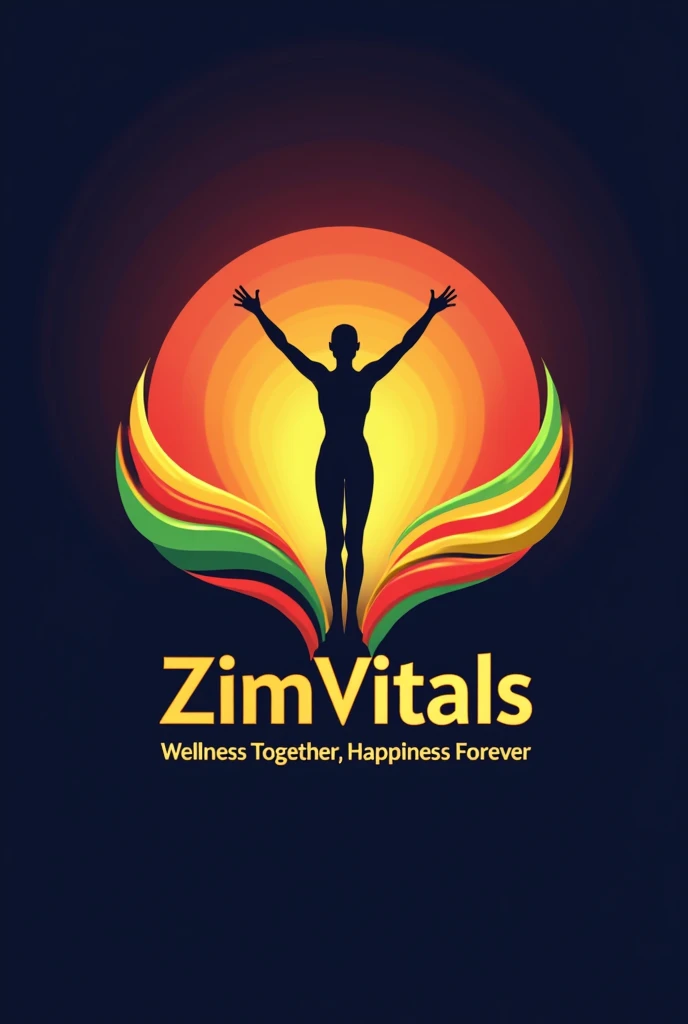 I want a go for a health channel called ZimVitals, with motto "Wellness together, happiness forever". Put a tinge of dim Zimbabwean flag at the background