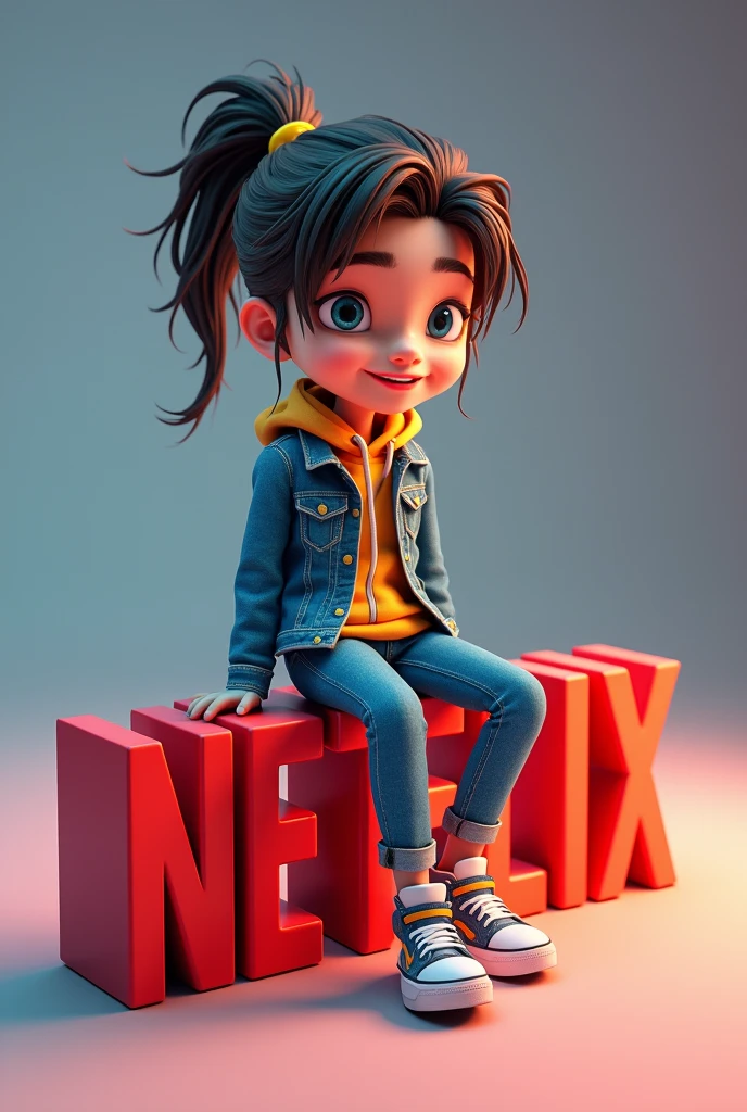 Create a 3D illustration of an animated character Robin Nagari sitting casually on top of a logo "Netflix". The character must wear casual modern clothing such as jeans jacket and sneakers shoes. The background of the image is a social media profile page with a user name "name" and a profile picture that match.