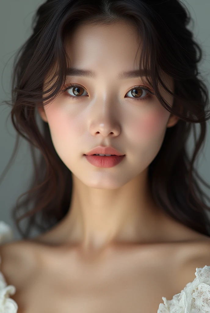 korean girl, very beautiful face, (photo realistic:1.4),(masterpiece, 4K, best quality, ultra detailed),studio shoot,pictorial,photography,realistic eyes, Detailed eyes, Double eyelid, Ultra-Detailed Face, Detailed Lips, normal hand, glossy lips, glossy face, simple background , Dark brown hair, Big breasts , Highly detailed face and skin texture,