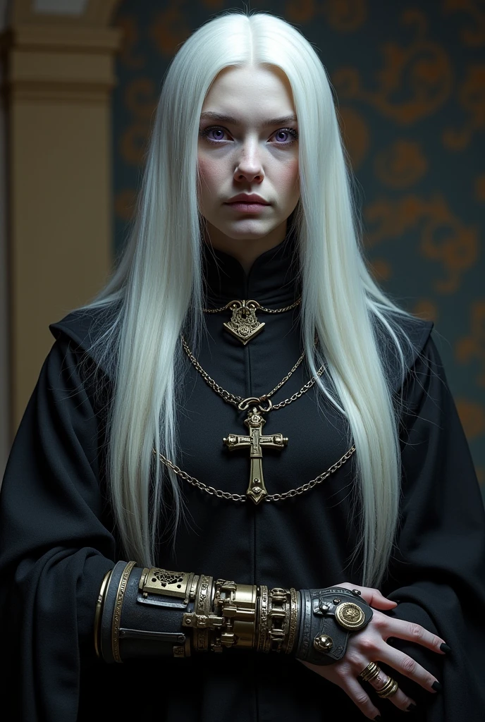 Middle Ages Albino with White Hair Violet Eyes, black robes with a collar with a small cross, and with the steampunk style prosthetic left arm