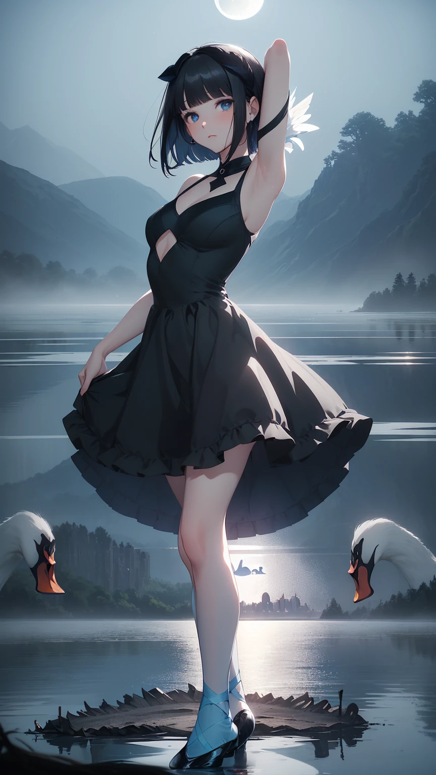 Highest quality, flying debris、Beautiful woman、Black Hair、(Dark blue eyes、Blunt bangs、Blunt bangs)、short hair、beginner,Full body portrait、break(Ballet Dancer、Ballet Dress、Tutu skirt:1.2)、break(((The lake of swan、Moonlit Night:1.3))),Big Breasts、((The fog is thick.))、BREAK((Black and light blue theme:1.2))