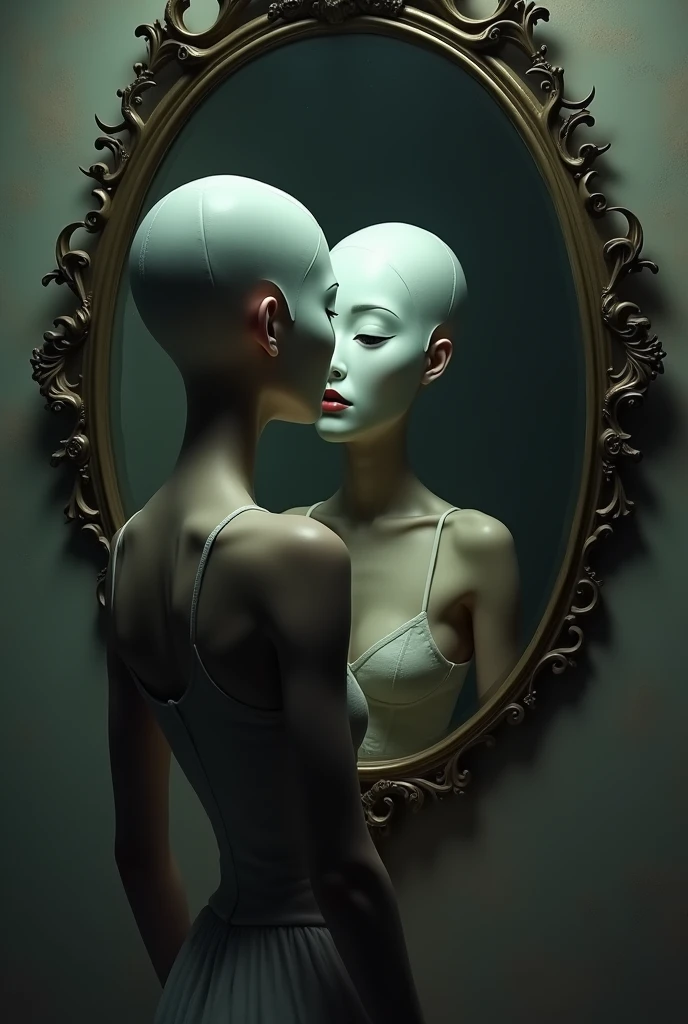 A woman with a white mime mask looking at herself in the mirror. Surrealist style and old cartoon animation type. dark fantasy