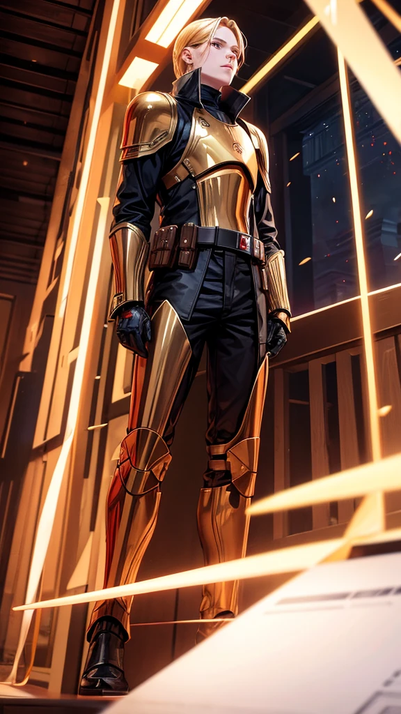 There is a 1 boy with golden hair and red eyes, wearing a Sith Empire trooper uniform, researching high-tech weapons of the future.