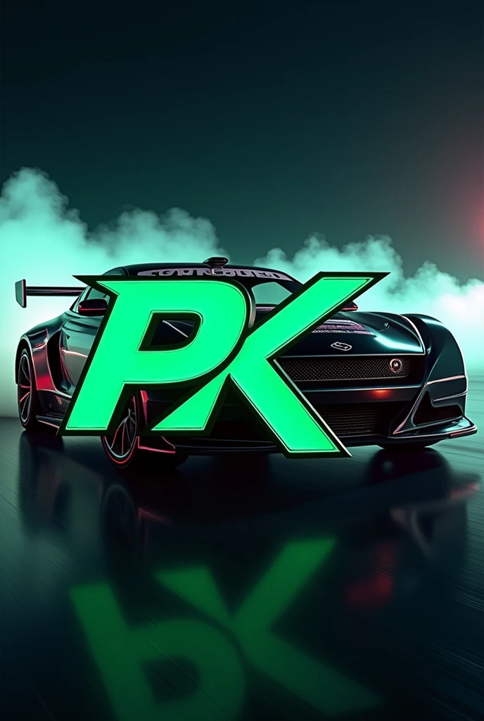 logo in black, white and neon green colors, using PK letter with a Drift car in background, high details, ray tracing, need for speed unbound art style --v 4