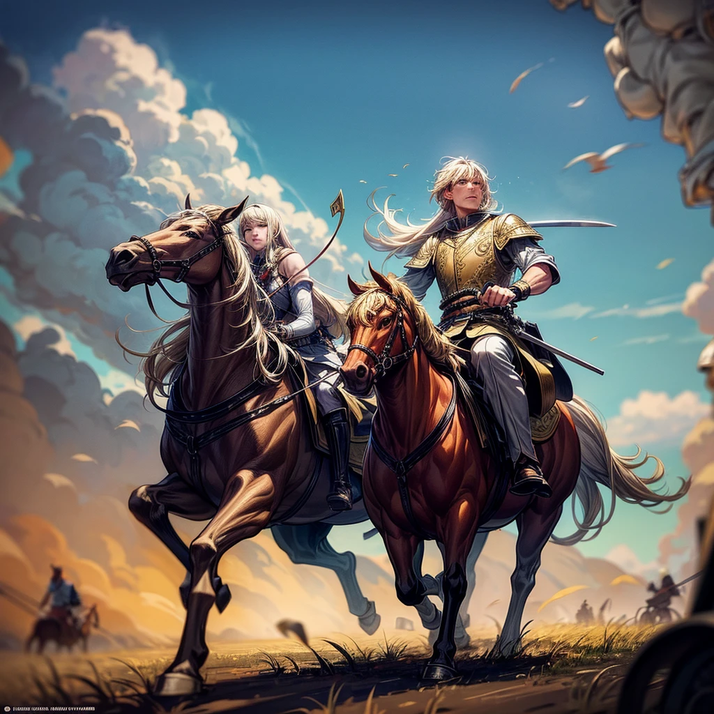 Blonde Indo-Europeans riding in horse-drawn carriages across a steppe with bows and swords chasing people and killing and burning people 