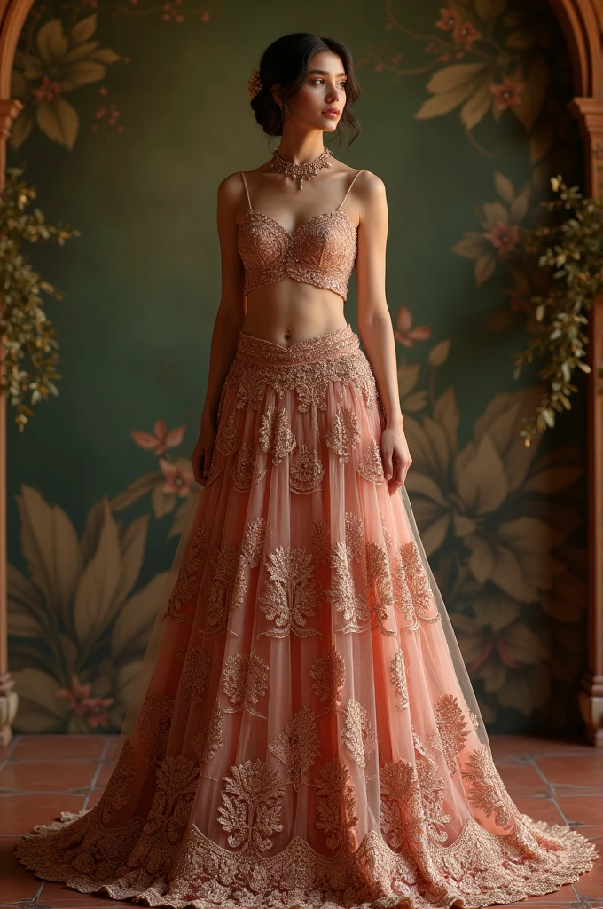 Generate a lehenga wuth very thin sleeveless blouse with v shape neck