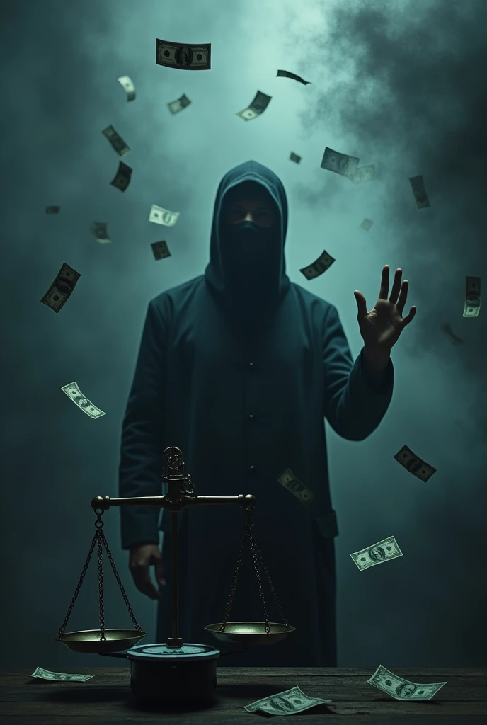 Face cover man money fly around background black and smoke man hand touched weighing scale one money scale second smartphone scale background value for money text