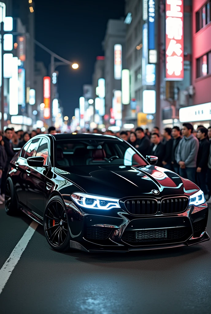 A black modified bmw m5 competition in tokyo
A large crowd watching this car