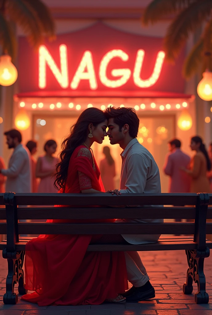A yung couple on the frant of club named girl radhika and boy named nagu with romance of the bench inthe front of club and back side many girls and having more romance between couples the girl wear the red saree and boy having traditional dress and their back side write the name boy named nagu and girl named kirthi