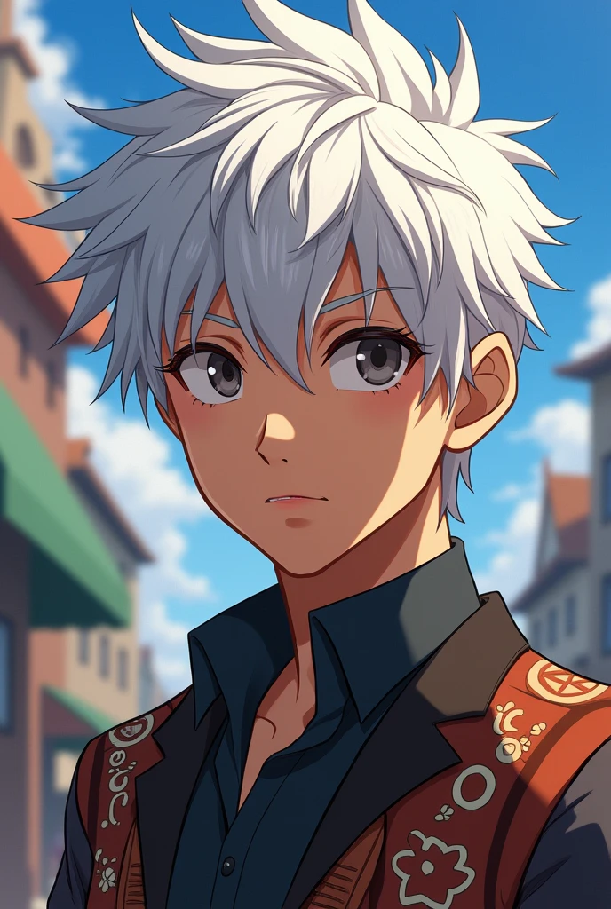20 years boy, white hair, brown skin, anime, short hair,