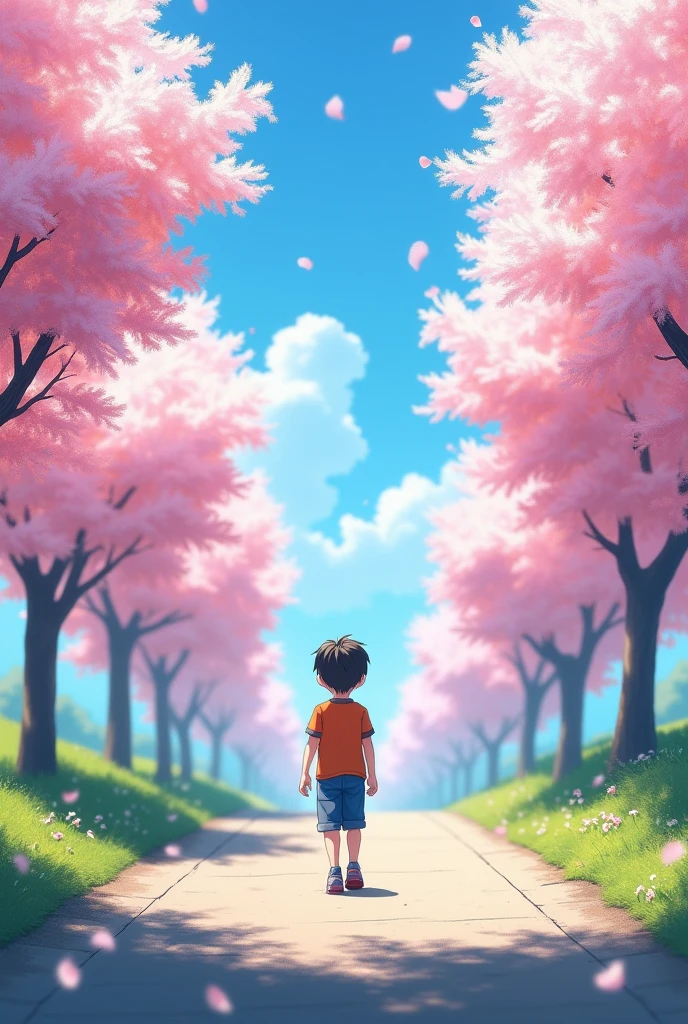 One boy  walking in road and  blue sky and Sakura treet and 