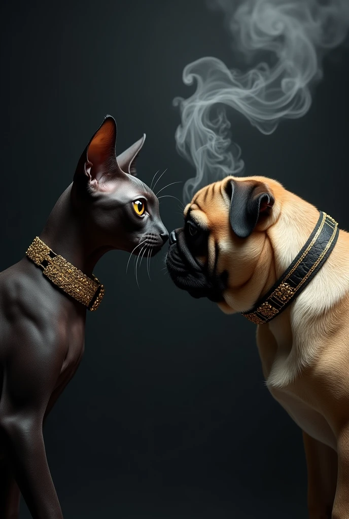 black sphinx cat wearing gold collar and tan pug with black gold collar, posing face to face ready to fight, void black background with smokes and nice lighting, hdr, uhd, 8k, focus on animals