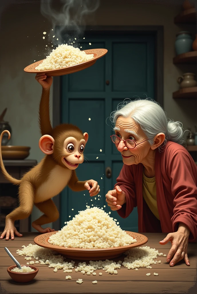 a monkey throwing a plate of rice to a old lady in kitchen 