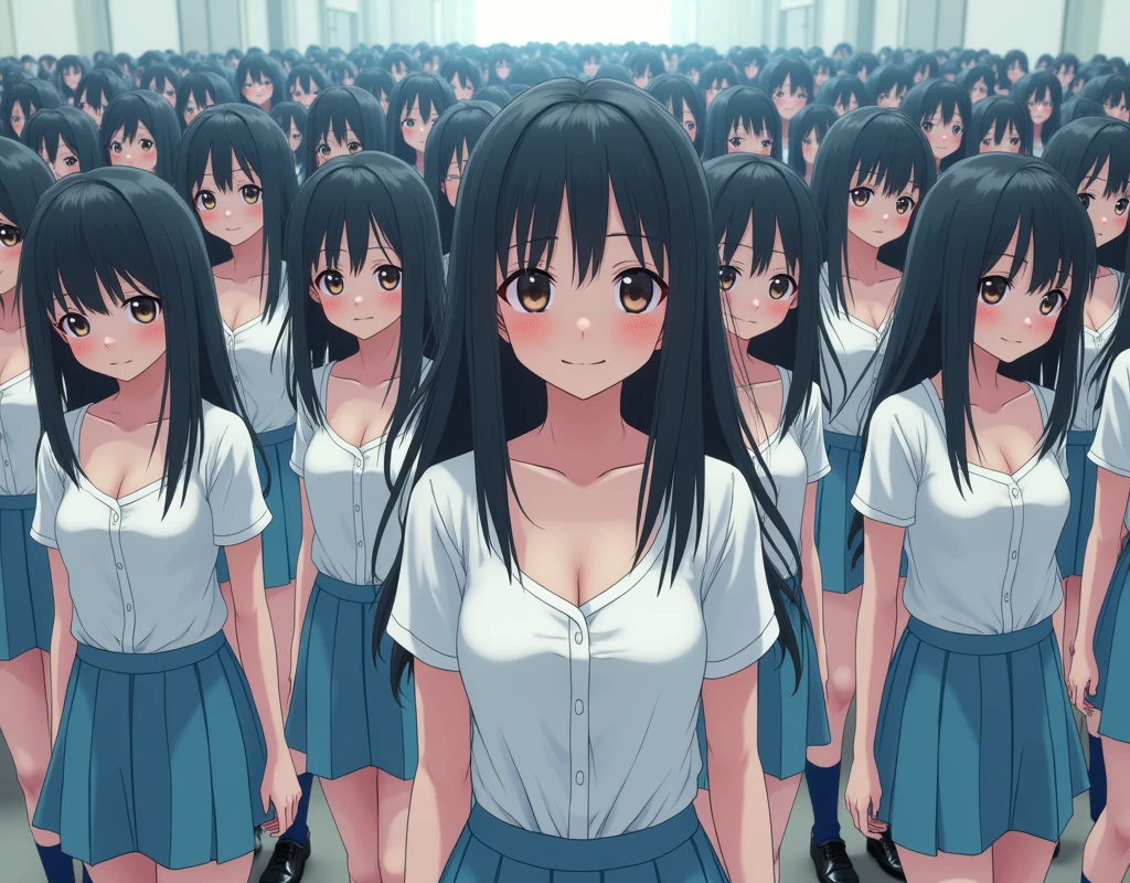 (((((Japanese Clone-girls=Myself))))), (((Super Best masterpiece Clone-girls Raw Photography Art))), (((16K, Highest quality, Ultra-high resolution, RAW Photos))), (((It's so unrealistic., With unparalleled depiction, With an unfathomable sight, An unprecedented and shocking worldview, Clone-girls: In a world of mass reproduction, Ultra-realistic))), (((Japanese Girls, Sasaki Nozomi, 26yo, Small face, Thick black hair, Medium to long hair, Dark Eyes, Mature face, Cute Smile, Smiling face, A gentle gaze, (((Very happy laughter)))))), (((Very beautiful detailed girls, Accurate body structure, Accurate body movements, Very detailed body, (((Super big breasts, Large bulge of ample breasts)))))), (((White short-sleeved shirt, I can see the cleavage, Emphasise the fullness of your breasts, Light blue pleated mini skirt, Dark blue socks, Black leather shoes))), ((((((((Very detailed, Myself cloning, Depiction of splitting oneself, 1Myself girl→1,000,000,000,000,000,000,000,000,000,000Myself cloning girls)))))))), (((((((Myself clone-girlsから, Myself keeps multiplying, (Very detailed and intricate, To the exact, Flawless, (((In the same female body,With the same face, With the same hairstyle, In the same clothes, At the same height, 同じSuper big breastsである))), In a detailed depiction), 1,000,000,000,000,000,000,000,000,000,000 people))))))), (((((Myself girls only))))), (((((1,000,000,000,000,000,000,000,000,000,000Myself girls))))), (((((Very detailed depiction, Multiple or more Myselves, Physical contact, Pleasant conversation, Holding hands, Hug, walk, Turn around, Shift your gaze))))), (((Very detailed, Extremely crowded, Body-to-body contact with no gaps))), (Bright and soft lighting), (((((Clear and accurate perspective depiction, super wide view, Ultra-wide field of view, Focus on the average value of the image))))), A crowd of Myself filling up the horizon