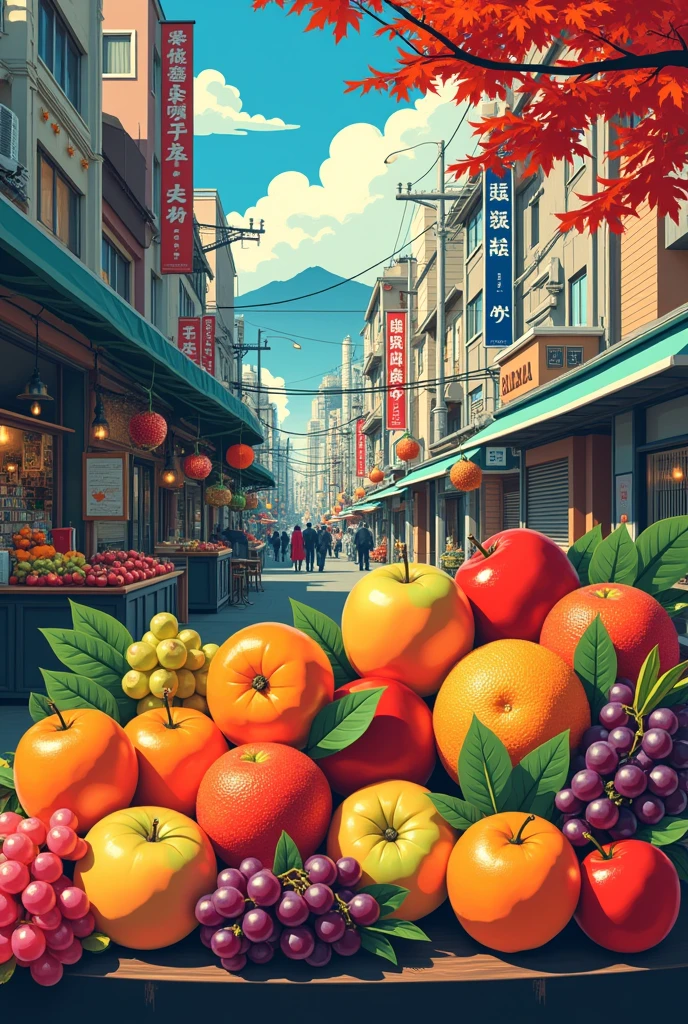 There is fruits on the table, Vector art inspired by Hanbei Yoshida, CG Association Contest Winner, Ukiyo-e, Japan Inspired Poster, Japanese art style, Japanese cities, Tokyo Mural, Japan Streets, Tokyo Inspired, Japanese Posters, Great food illustrations, Japanese manga style, ukiyoe style, Downtown Japan, Highly detailed vector art