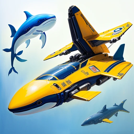 Blue and yellow plane、Painting with yellow tail, Cyborg Whale, Inspired by Chris Foss, by Taiyō Matsumoto, Concept drawing, Prop Design, by Ayako Rokkaku, toy design, Chris Foss's style, Spacecraft design, Robot Anthro Whale, 