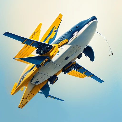 Blue and yellow plane、Painting with yellow tail, Cyborg Whale, Inspired by Chris Foss, by Taiyō Matsumoto, Concept drawing, Prop Design, by Ayako Rokkaku, toy design, Chris Foss's style, Spacecraft design, Robot Anthro Whale,