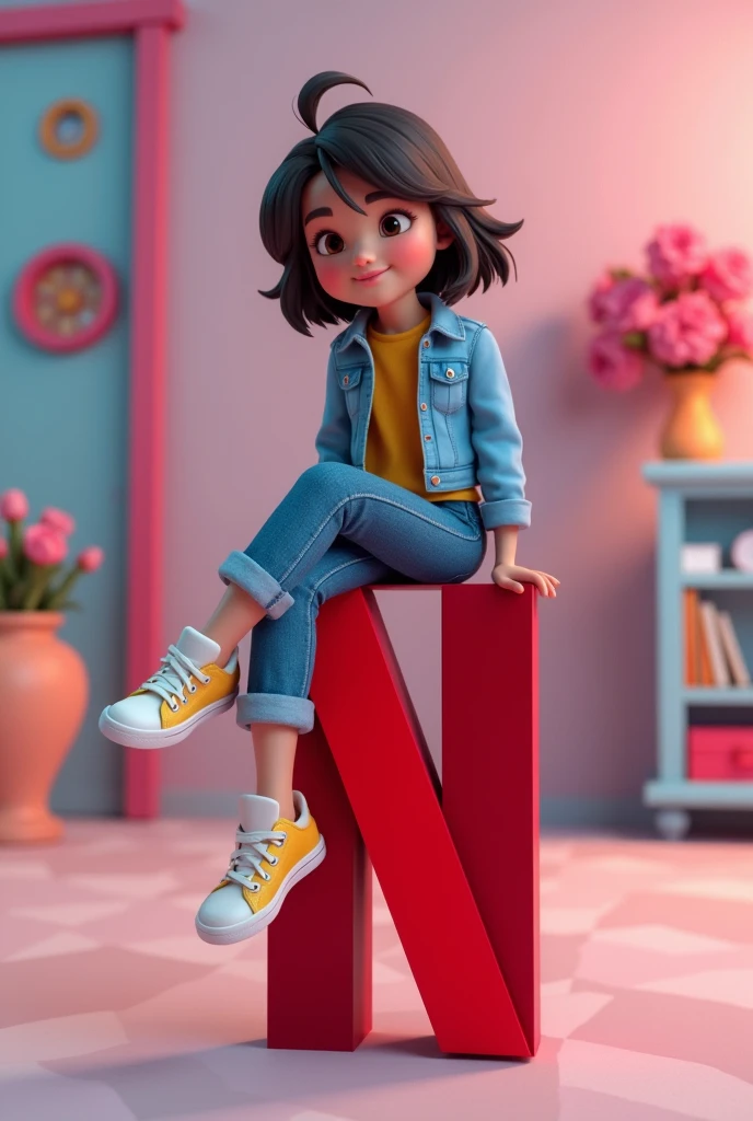 Create a 3D illustration of an animated character with name “Robin Nagari” sitting casually on top of a logo "Netflix". The character must wear casual modern clothing such as jeans jacket and sneakers shoes. The background of the image is a social media profile page with a user name "name" and a profile picture that match.